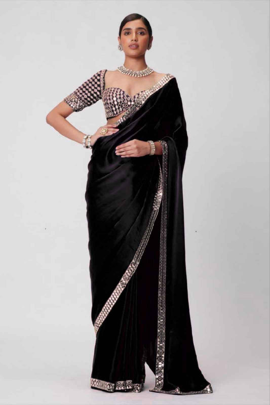 ASN-71 French Crape Silk Saree – Heavy Real Mirror Work Border with Matching Mirror Work Blouse | House of ShiVisha™