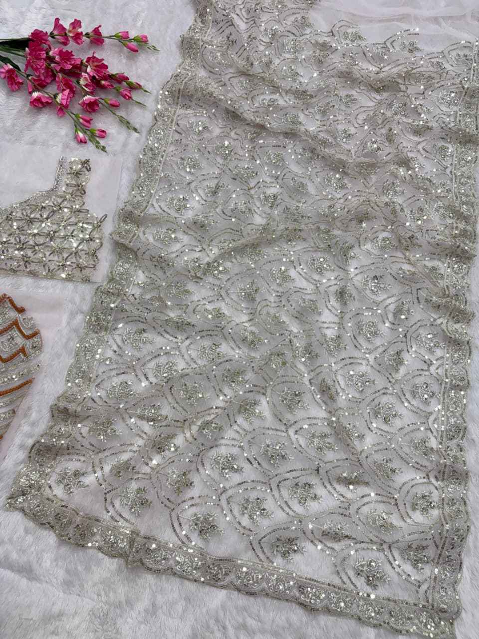 ASN-81 Butterfly Net Saree – Embroidery, Jati & Sequin Work with Matching Unstitched Blouse | House of ShiVisha™