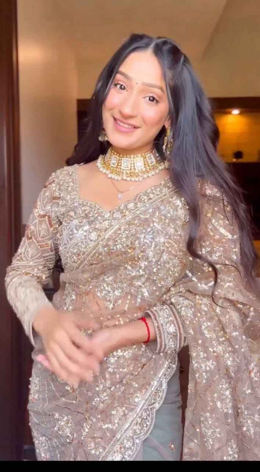 ASN-81 Butterfly Net Saree – Embroidery, Jati & Sequins Work with Designer Unstitched Blouse | House of ShiVisha™