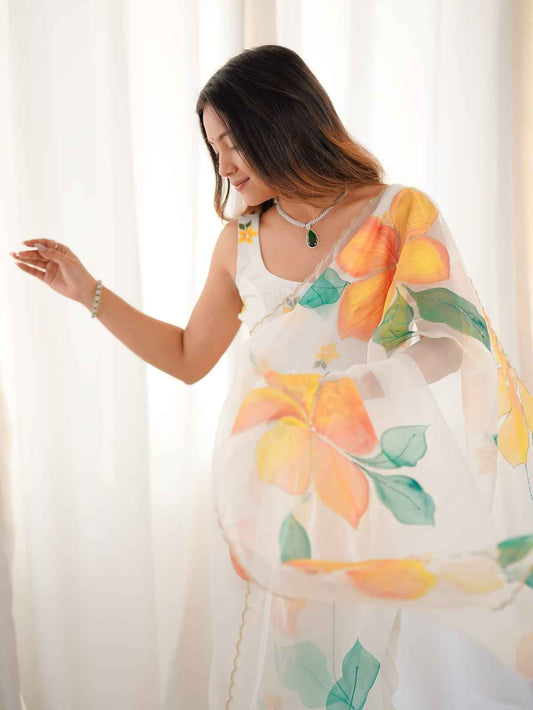 ASN-90 Taby Silk Saree – Floral Print with Full Handwork & Pearl Detailing + Matching Blouse | House of ShiVisha™