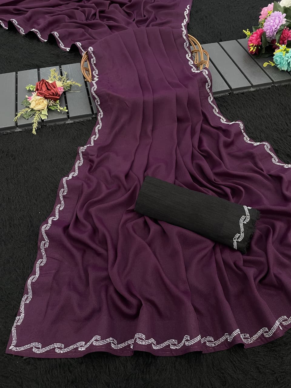 Avani Swarovski Star Georgette Silk Saree – Swarovski Work with Fancy Lace Border & Banglory Blouse | House of ShiVisha™