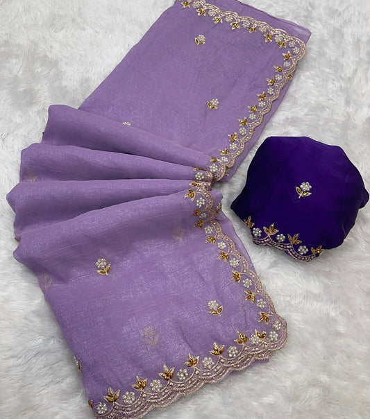 Crunchy Chiffon Crush Silk Saree – Embroidery Work with Scalloped Zari Cut Border | House of ShiVisha™ | Code: HOS-SR002-KOTH