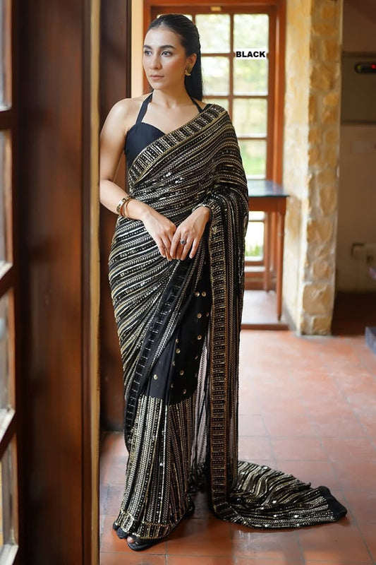 DF-3451 Faux Georgette Saree – Heavy 5mm Sequin & Multi Embroidery Work with Mono Silk Blouse | House of ShiVisha™