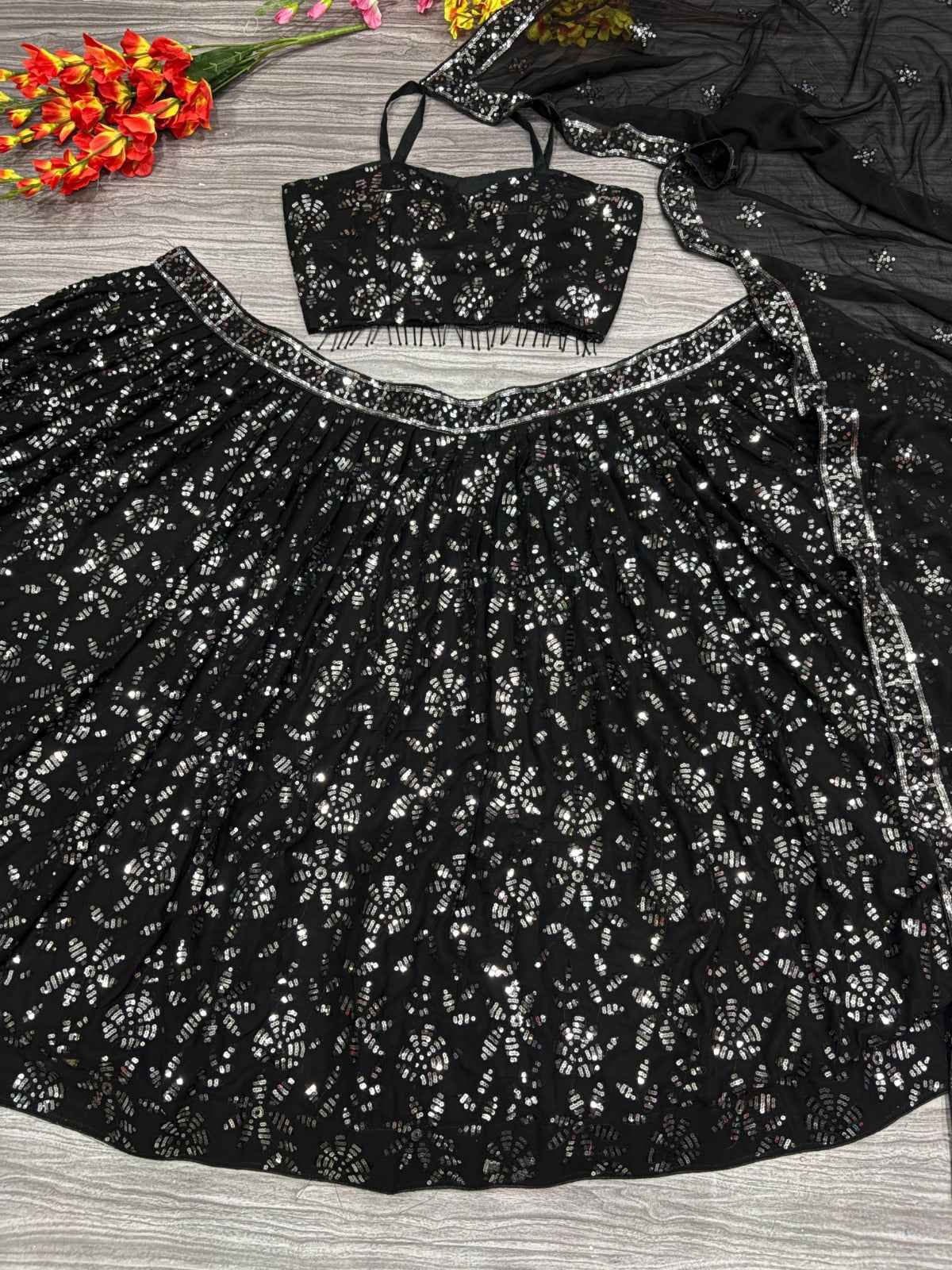 HC-1025 Premium Georgette Lehenga Set – Heavy Sequin & Embroidery Work with Dupatta and Double Inner Cancan | House of ShiVisha™