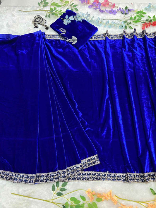 HC-863 Premium Velvet Ready-to-Wear Saree – Heavy Lace Border Work with Unstitched Velvet Blouse | House of ShiVisha™
