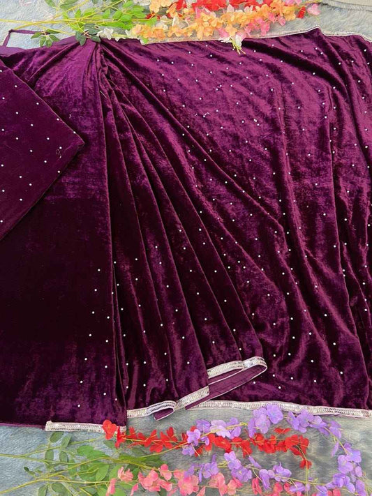HC-895 Premium Velvet Ready-to-Wear Saree – Hand Pearl Work with Lace Border & Unstitched Velvet Blouse | House of ShiVisha™