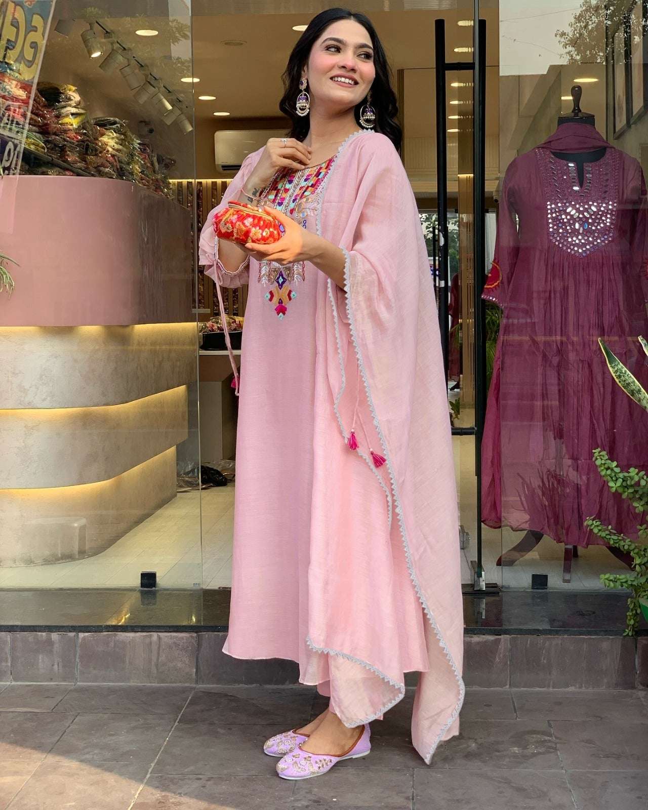 HOS Baby Pink Vichitra Silk Kurta Set with Embroidered Work