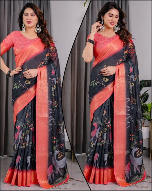 HOS Pure Handloom Linen Saree with Floral Print & Zari Border
