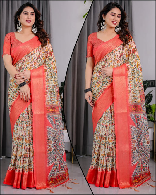 HOS Pure Handloom Linen Saree with Floral Print & Zari Border