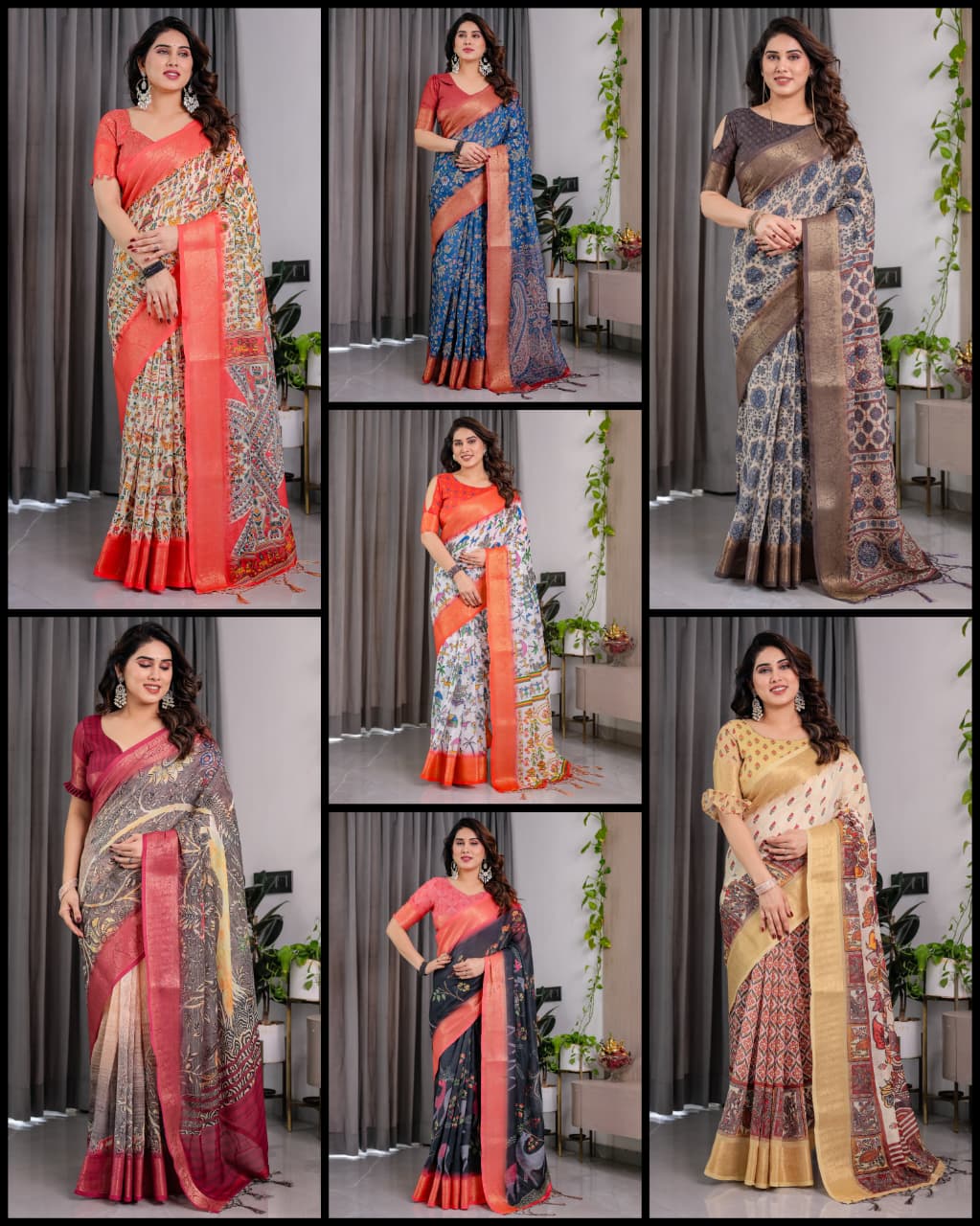 HOS Pure Handloom Linen Saree with Floral Print & Zari Border