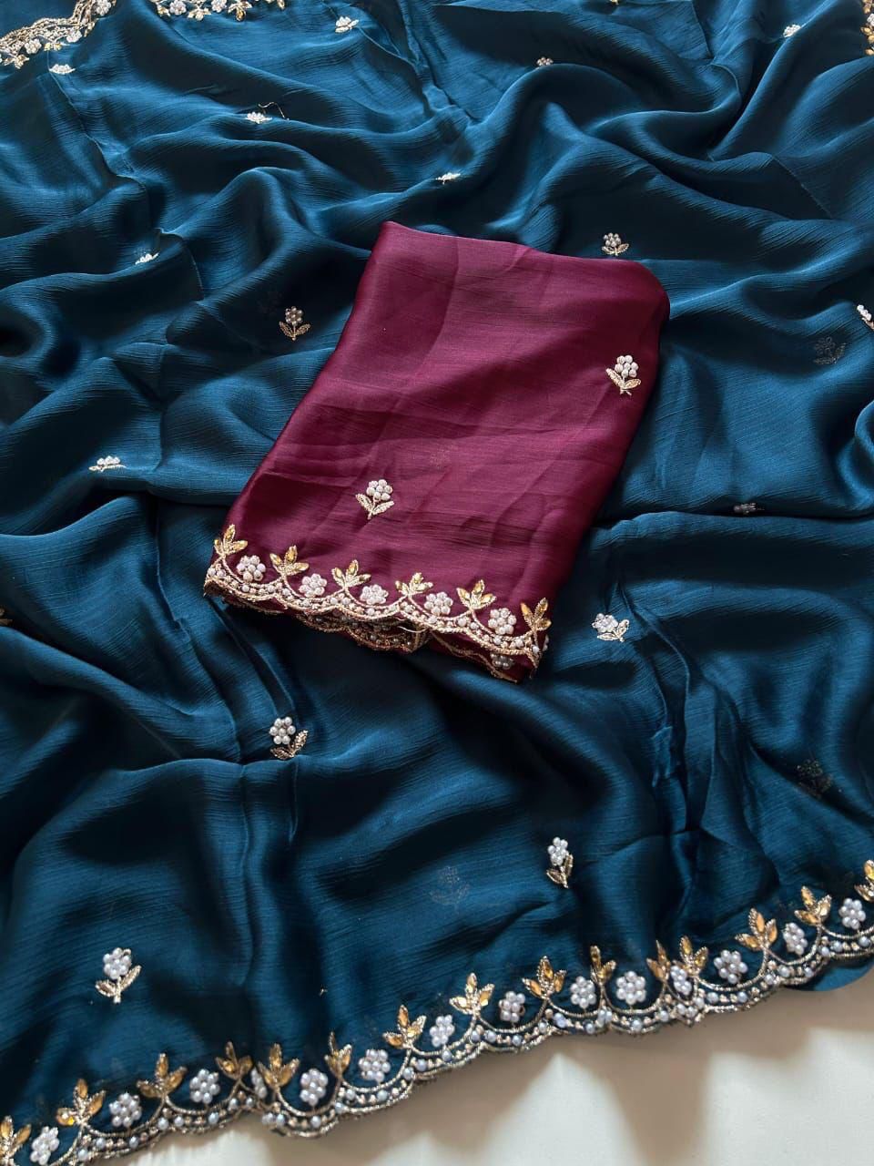 HOS Satin Chiffon Crush Silk Saree with Embroidery & Moti Work