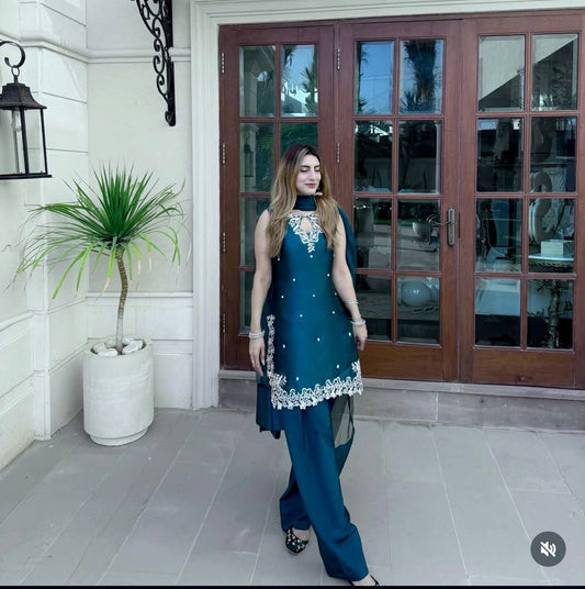 HOS WW-1203 Crepe Satin Farshi Set with Embroidered Top & Net Dupatta