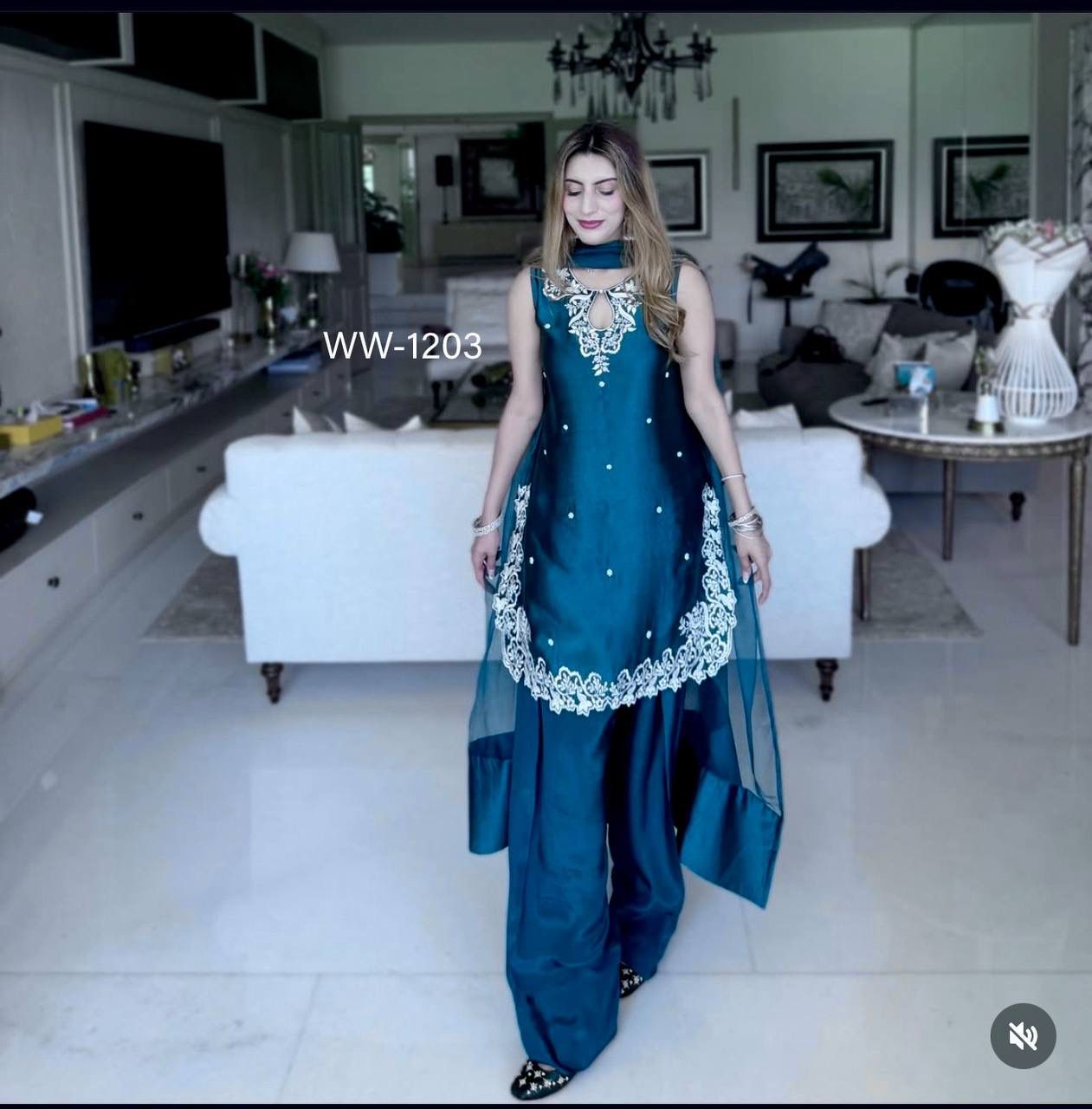 HOS WW-1203 Crepe Satin Farshi Set with Embroidered Top & Net Dupatta