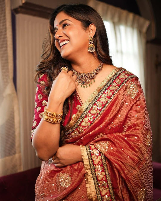 Heavy Banarasi Crush Saree – Sequins & Coding Embroidery Work with Ready Lace Border | House of ShiVisha™ | Code: KK-GRIVA -