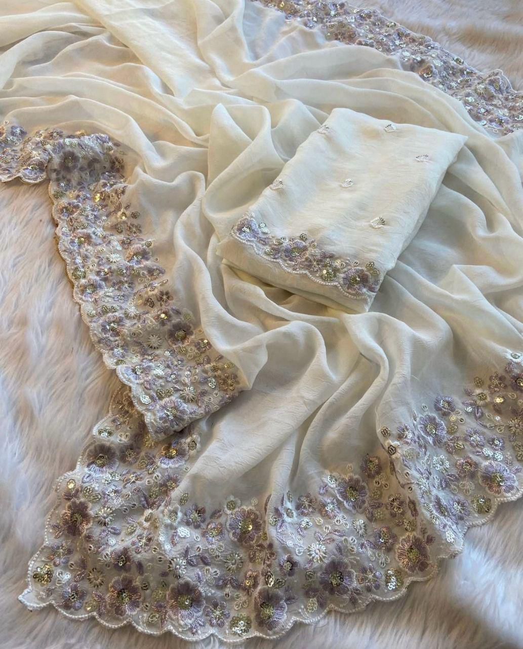 Heavy Crush Silk Saree – Multi Thread & Sequins Embroidery C-Pallu with Cutwork Border | House of ShiVisha™ | Code: KK-KRITIKA