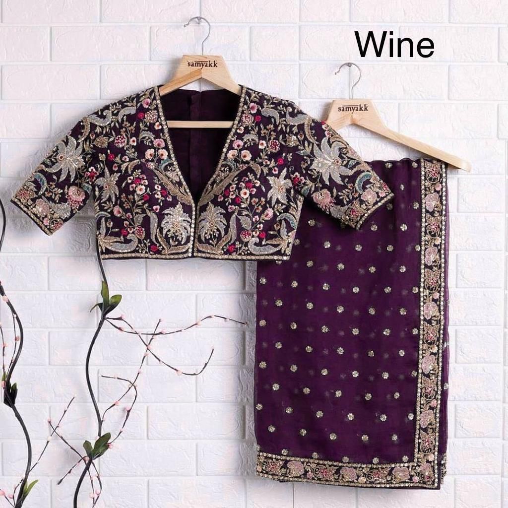 Heavy Georgette Saree – Embroidery Butti Work with Lace Border & Satin Banglory Blouse | House of ShiVisha™ | Code: KK-090