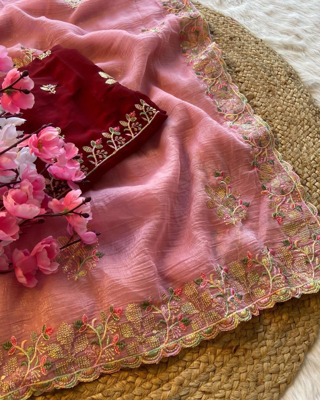 crunchy Designer Saree with Beautiful Sequence Embroidery C-Pallu Saree