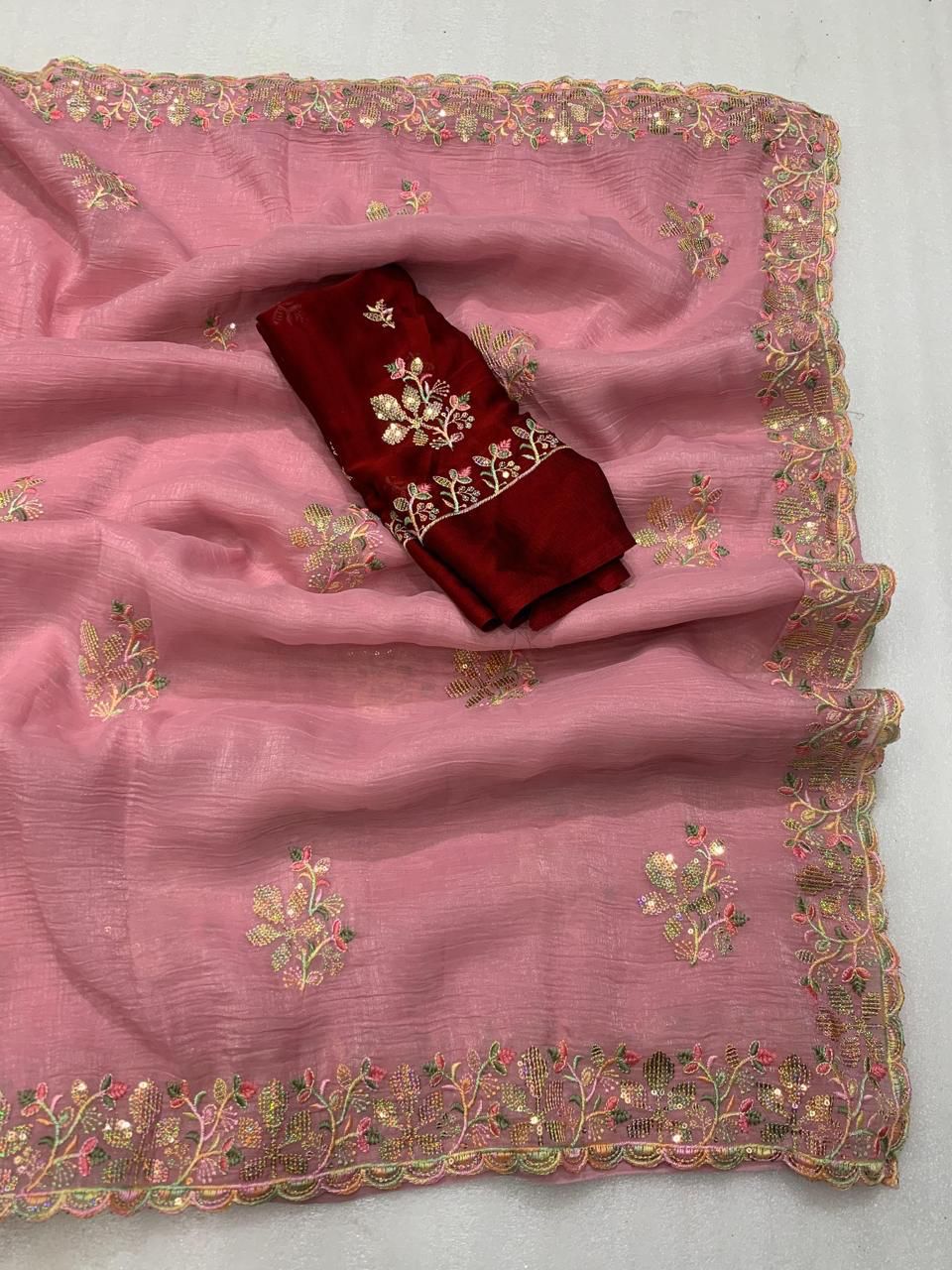 crunchy Designer Saree with Beautiful Sequence Embroidery C-Pallu Saree