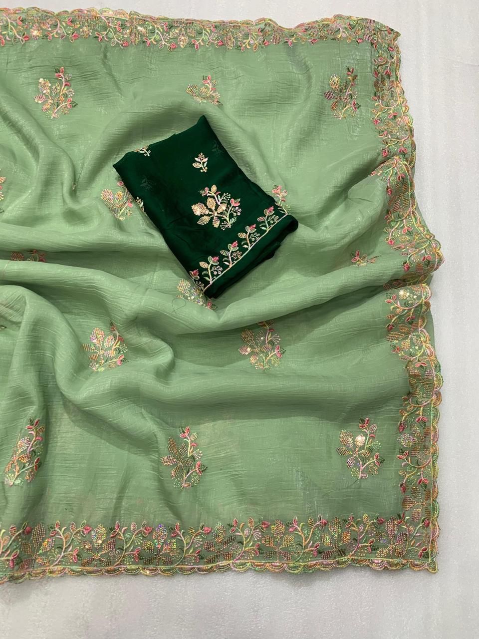 crunchy Designer Saree with Beautiful Sequence Embroidery C-Pallu Saree