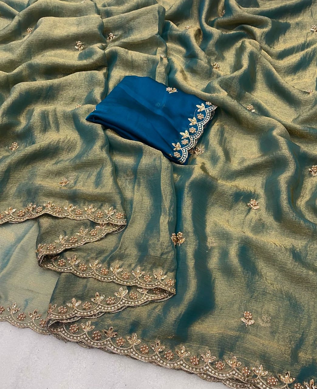 Fendy Sattin saree WITH EMBROIDERY BLOUSE PIECE WITH BEADS N EMBROIDERED WORK