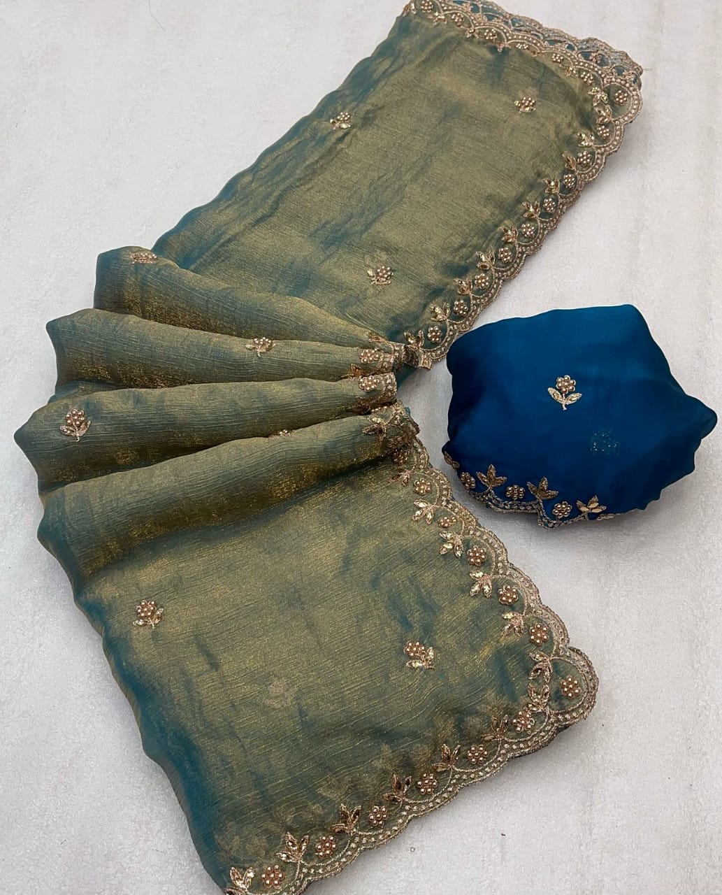 Fendy Sattin saree WITH EMBROIDERY BLOUSE PIECE WITH BEADS N EMBROIDERED WORK