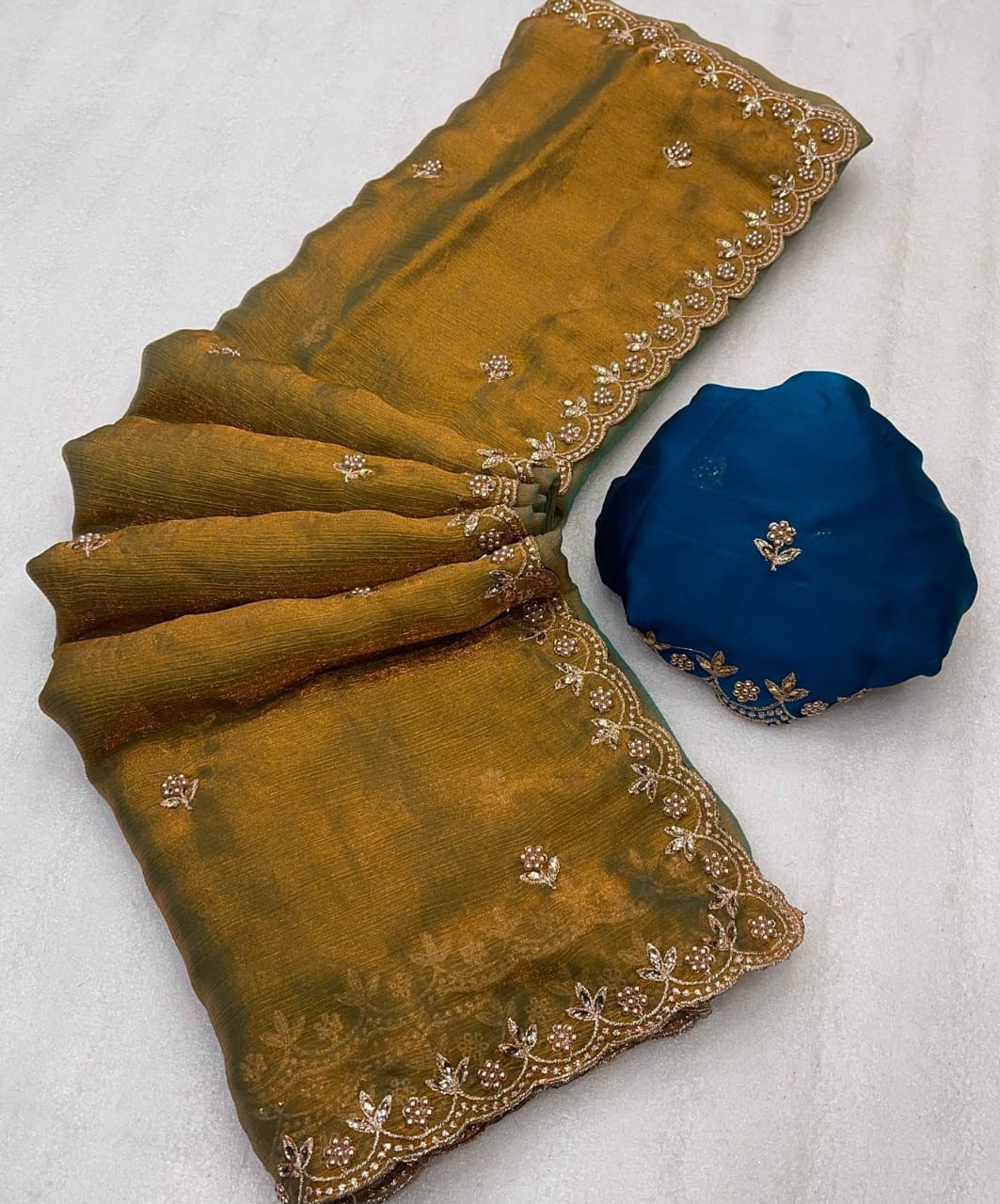 Fendy Sattin saree WITH EMBROIDERY BLOUSE PIECE WITH BEADS N EMBROIDERED WORK