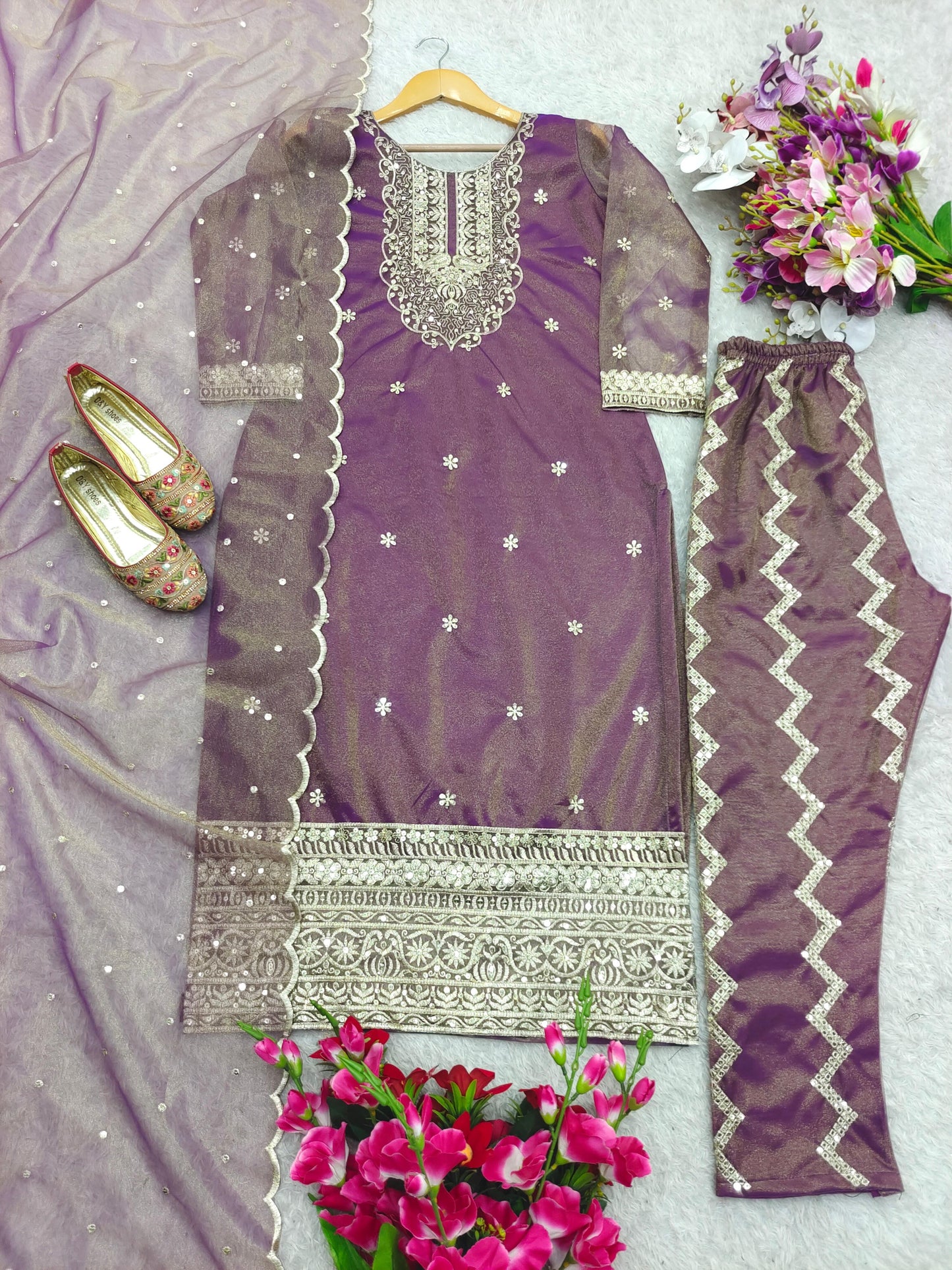 New Twin-Tisyu Net Top-Pent and Dupatta Set Fully Stitched Ready To Wear