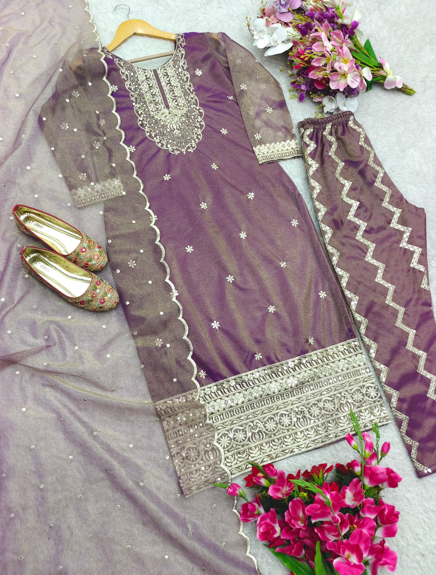 New Twin-Tisyu Net Top-Pent and Dupatta Set Fully Stitched Ready To Wear