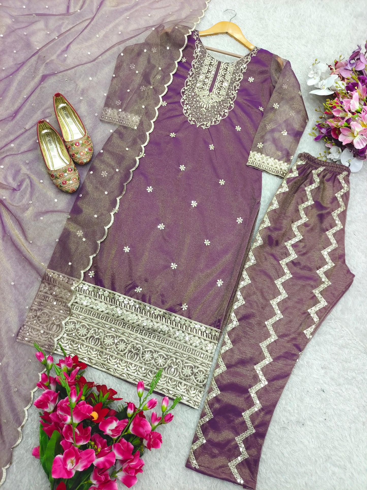 New Twin-Tisyu Net Top-Pent and Dupatta Set Fully Stitched Ready To Wear