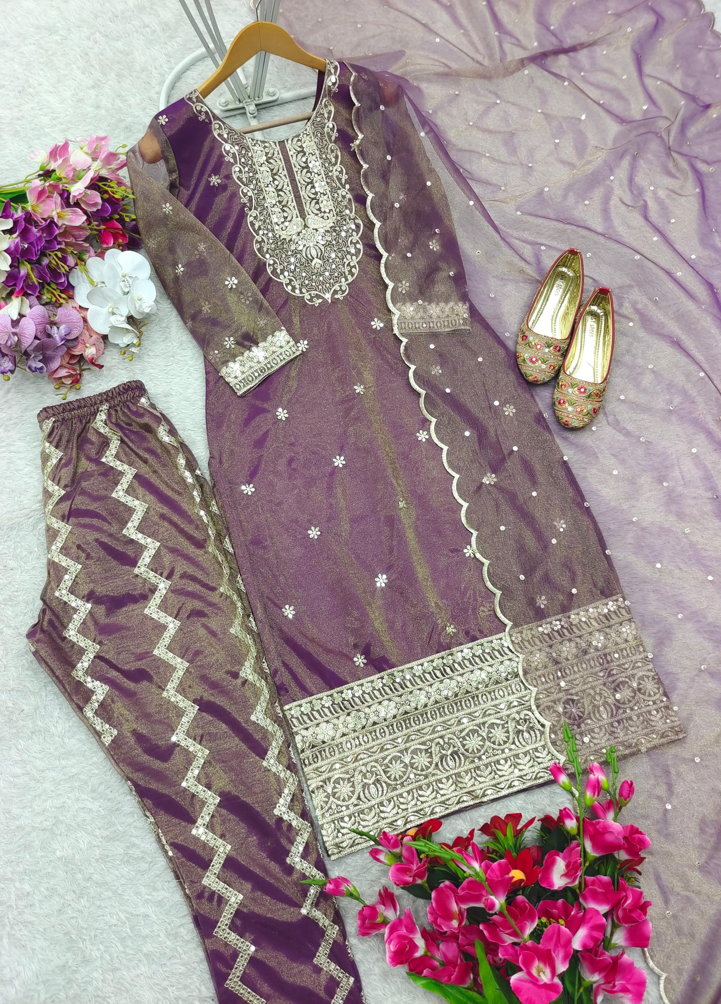 New Twin-Tisyu Net Top-Pent and Dupatta Set Fully Stitched Ready To Wear