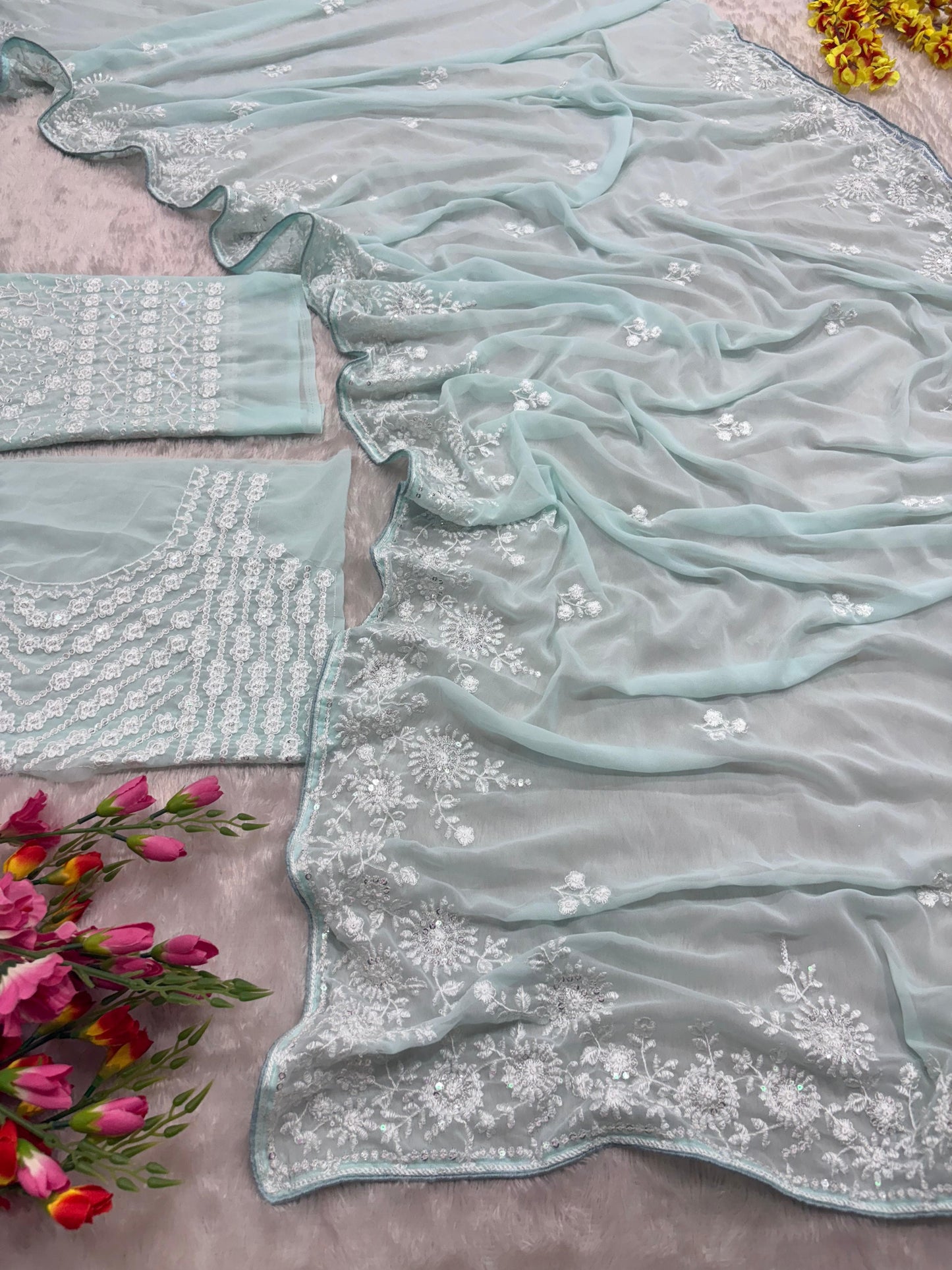 Premium Georgette Saree Embellished With Thread Embroidery And Beautiful Sequins Work