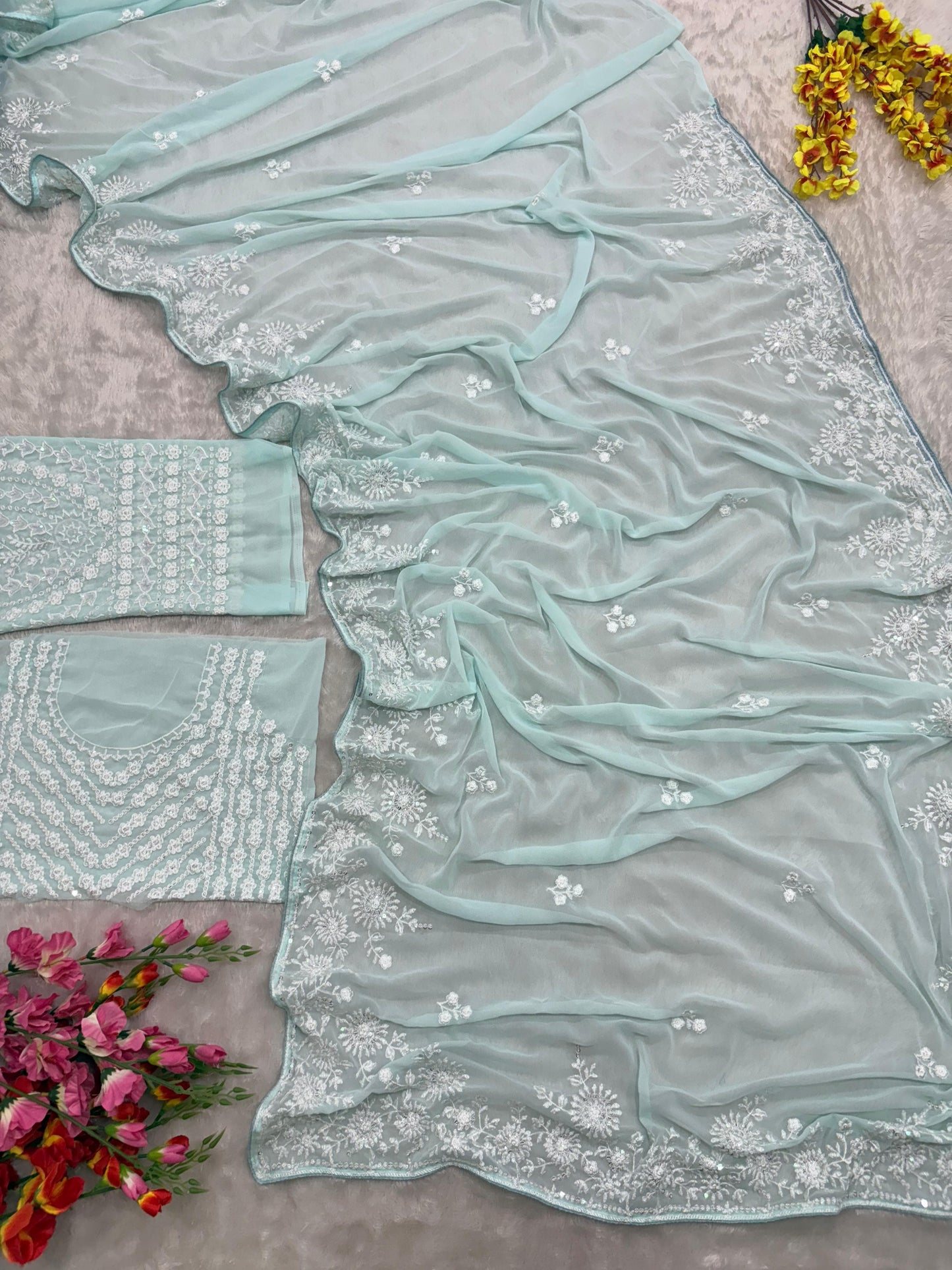 Premium Georgette Saree Embellished With Thread Embroidery And Beautiful Sequins Work