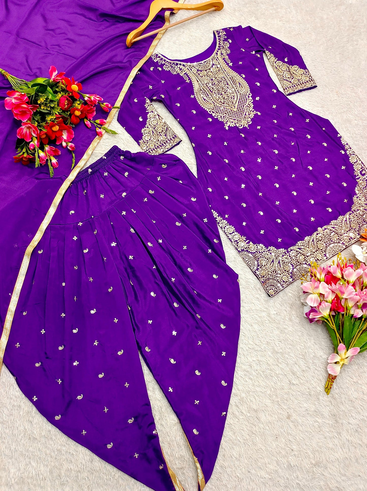 Pure Cinon Top-Dhoti and Dupatta Set Fully Stitched Ready To Wear
