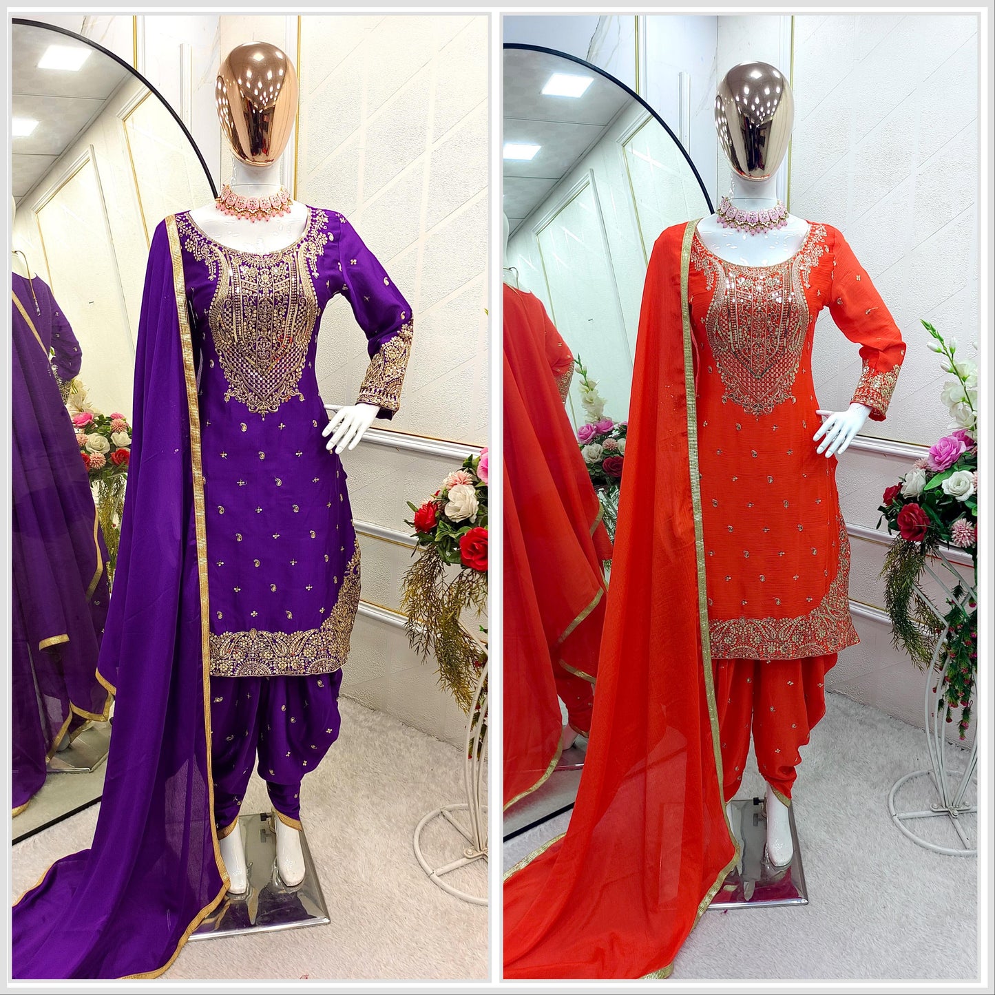 Pure Cinon Top-Dhoti and Dupatta Set Fully Stitched Ready To Wear
