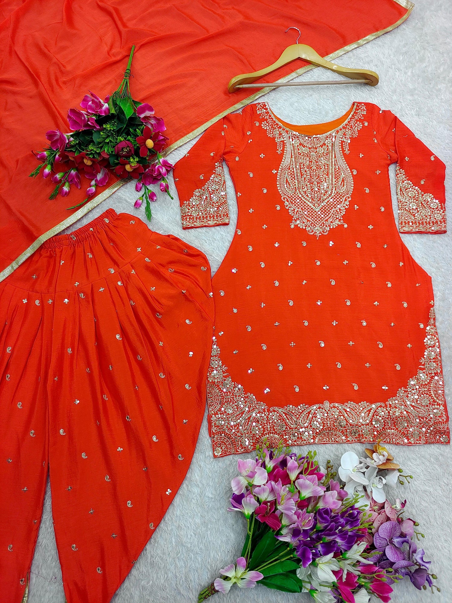 Pure Cinon Top-Dhoti and Dupatta Set Fully Stitched Ready To Wear