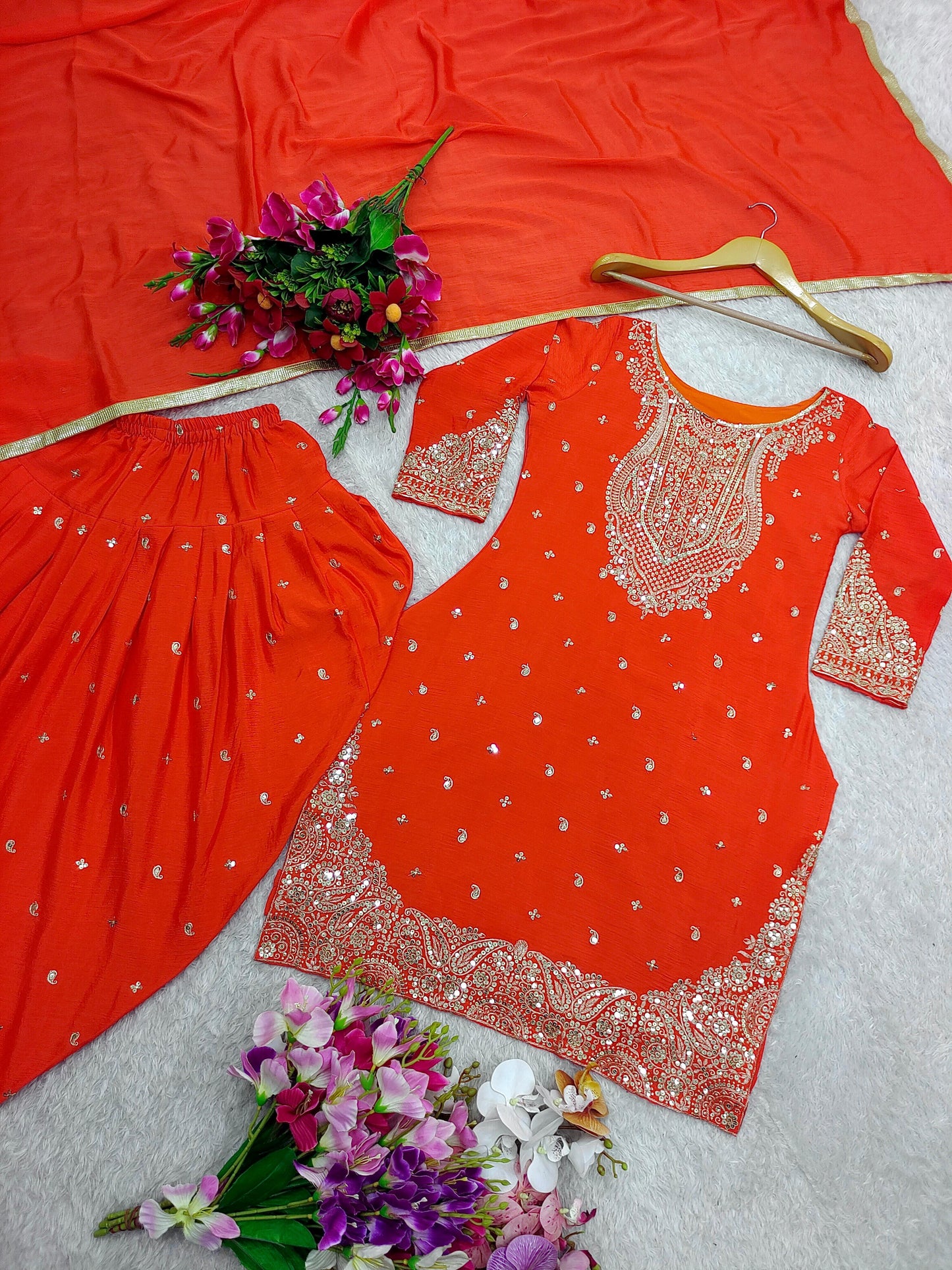 Pure Cinon Top-Dhoti and Dupatta Set Fully Stitched Ready To Wear