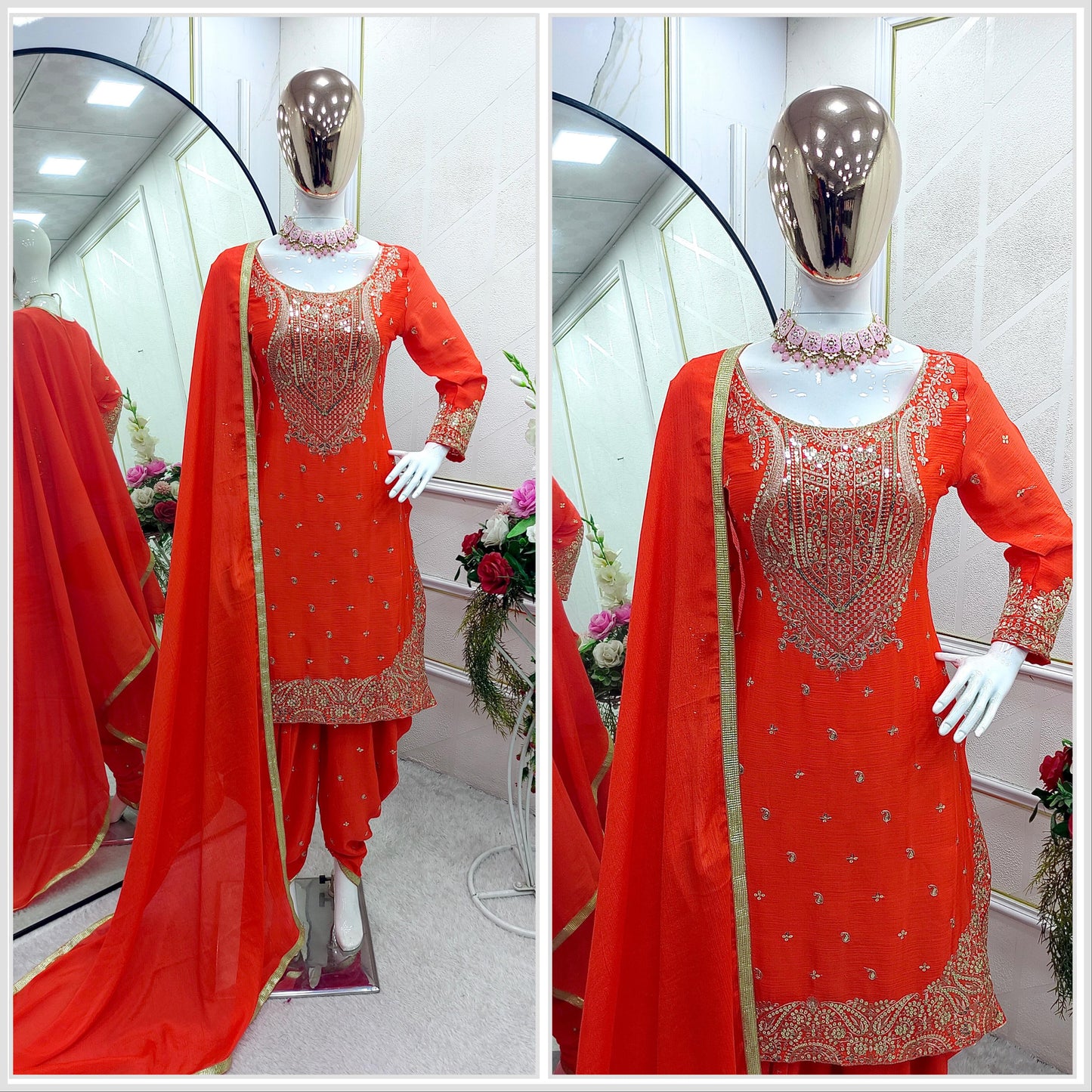 Pure Cinon Top-Dhoti and Dupatta Set Fully Stitched Ready To Wear