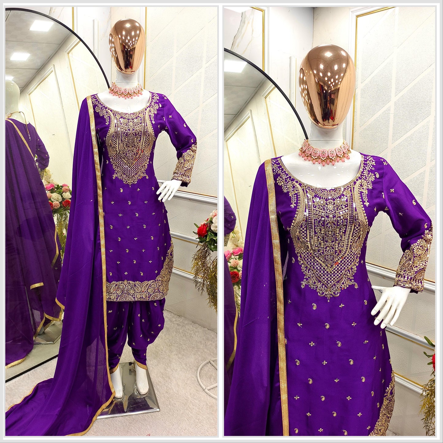 Pure Cinon Top-Dhoti and Dupatta Set Fully Stitched Ready To Wear