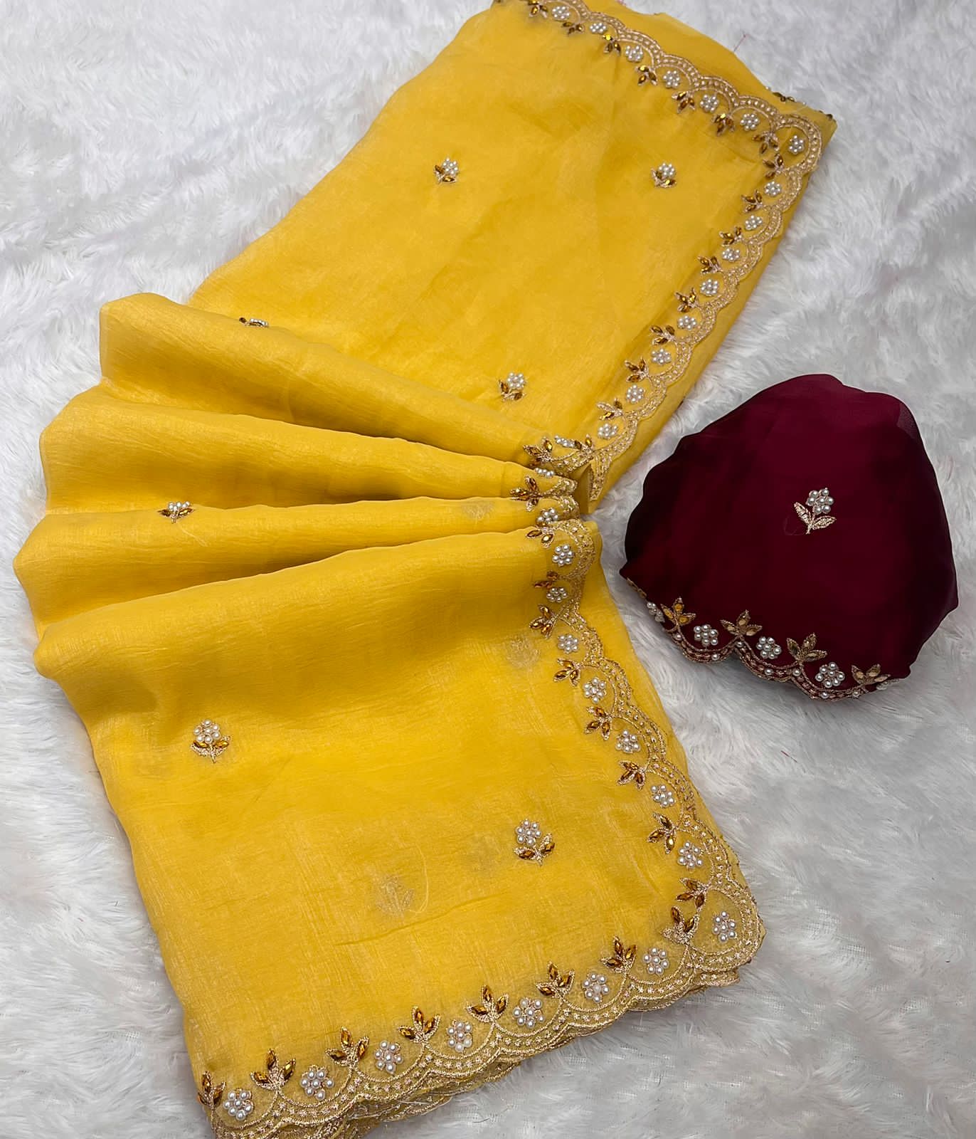 Crunchy Chiffon Crush Silk With Beautiful Embroidery Work Scalloped Zari Cut Work Border