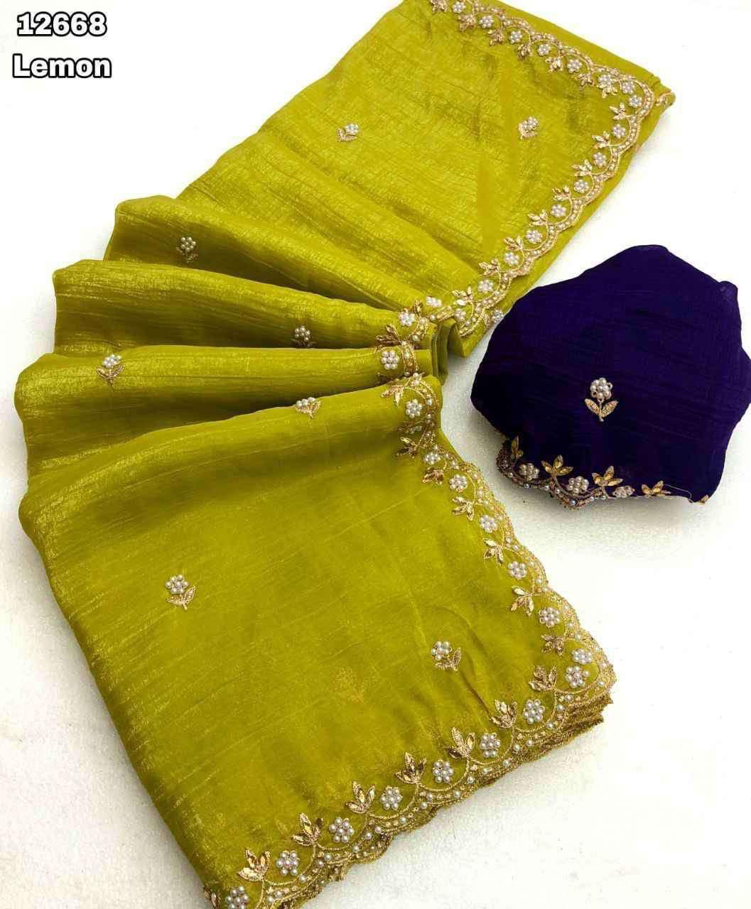 Crunchy Chiffon Crush Silk With Beautiful Embroidery Work Scalloped Zari Cut Work Border