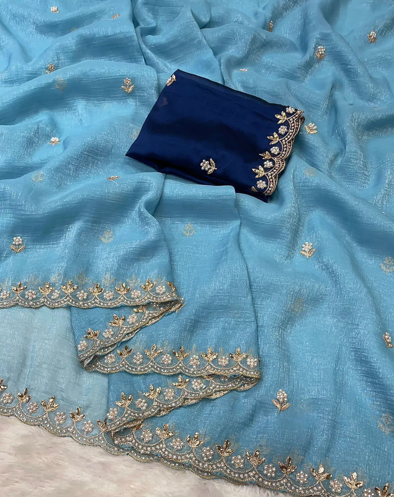 Crunchy Chiffon Crush Silk With Beautiful Embroidery Work Scalloped Zari Cut Work Border