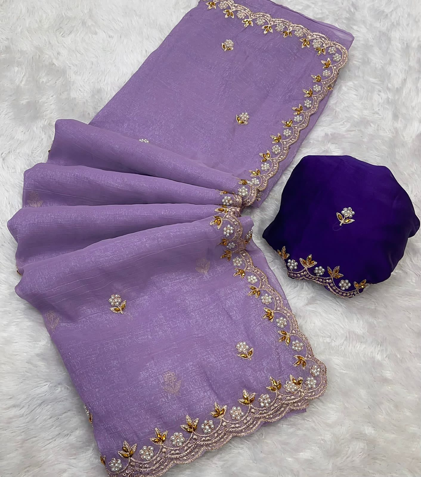 Crunchy Chiffon Crush Silk With Beautiful Embroidery Work Scalloped Zari Cut Work Border