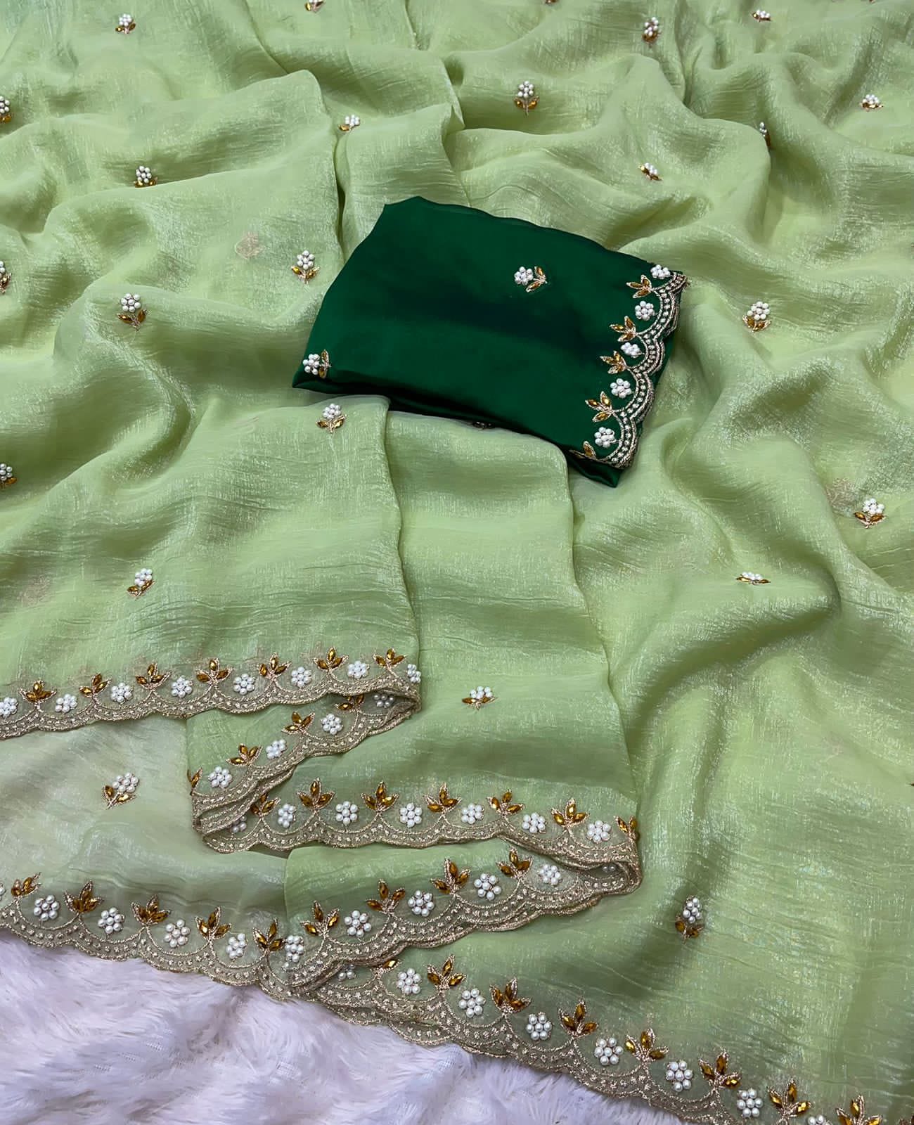 Crunchy Chiffon Crush Silk With Beautiful Embroidery Work Scalloped Zari Cut Work Border
