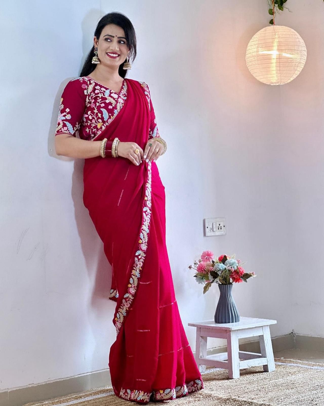 DESIGNER HEAVY EMBRODERY WORK WITH FULLY STICH BLOUSE SAREE π¨