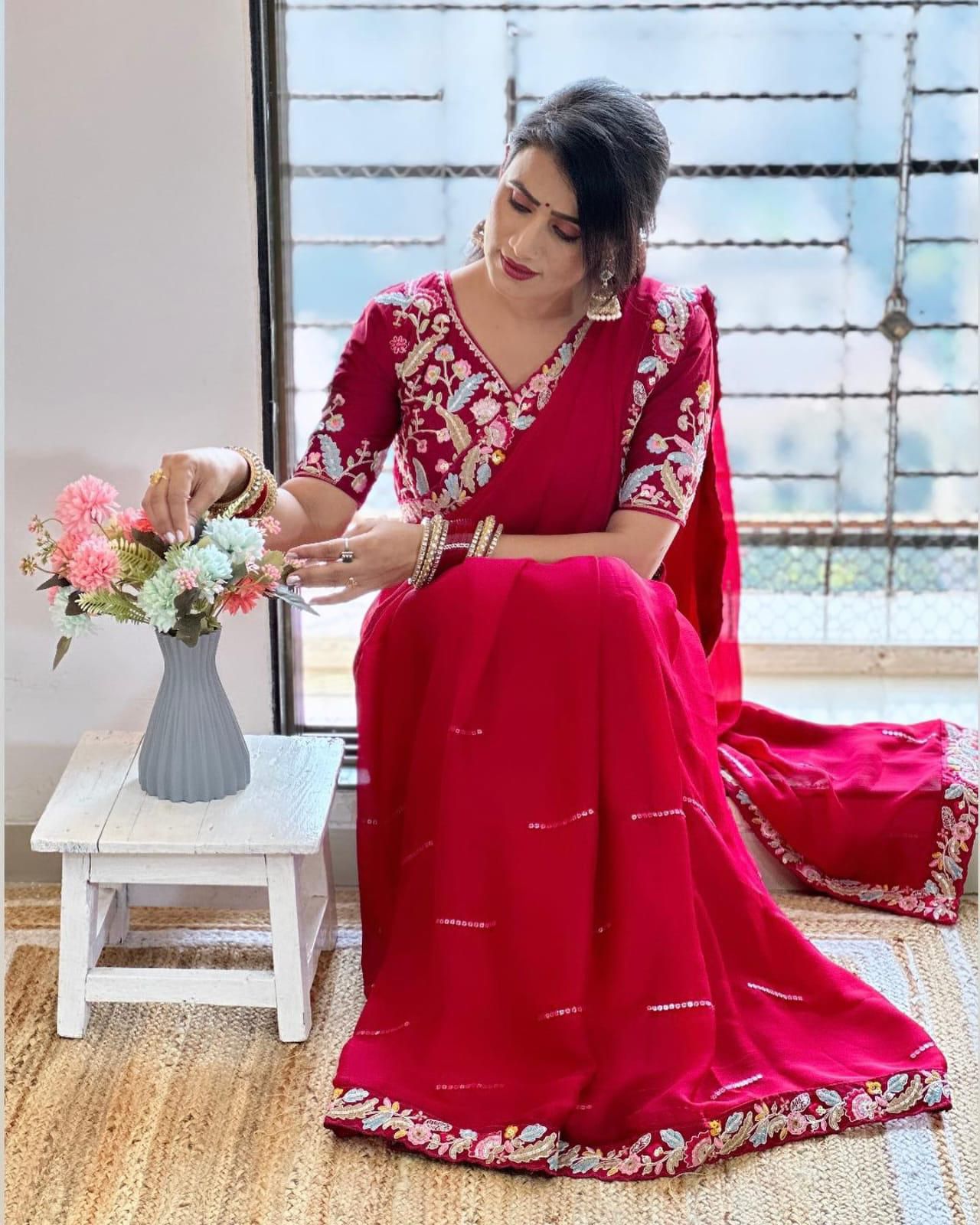 DESIGNER HEAVY EMBRODERY WORK WITH FULLY STICH BLOUSE SAREE π¨