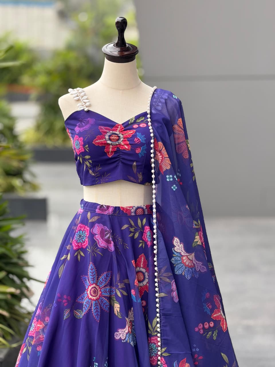 Pure organza silk digital printed lehnga. 8mtr flair lehnga with canvas patta