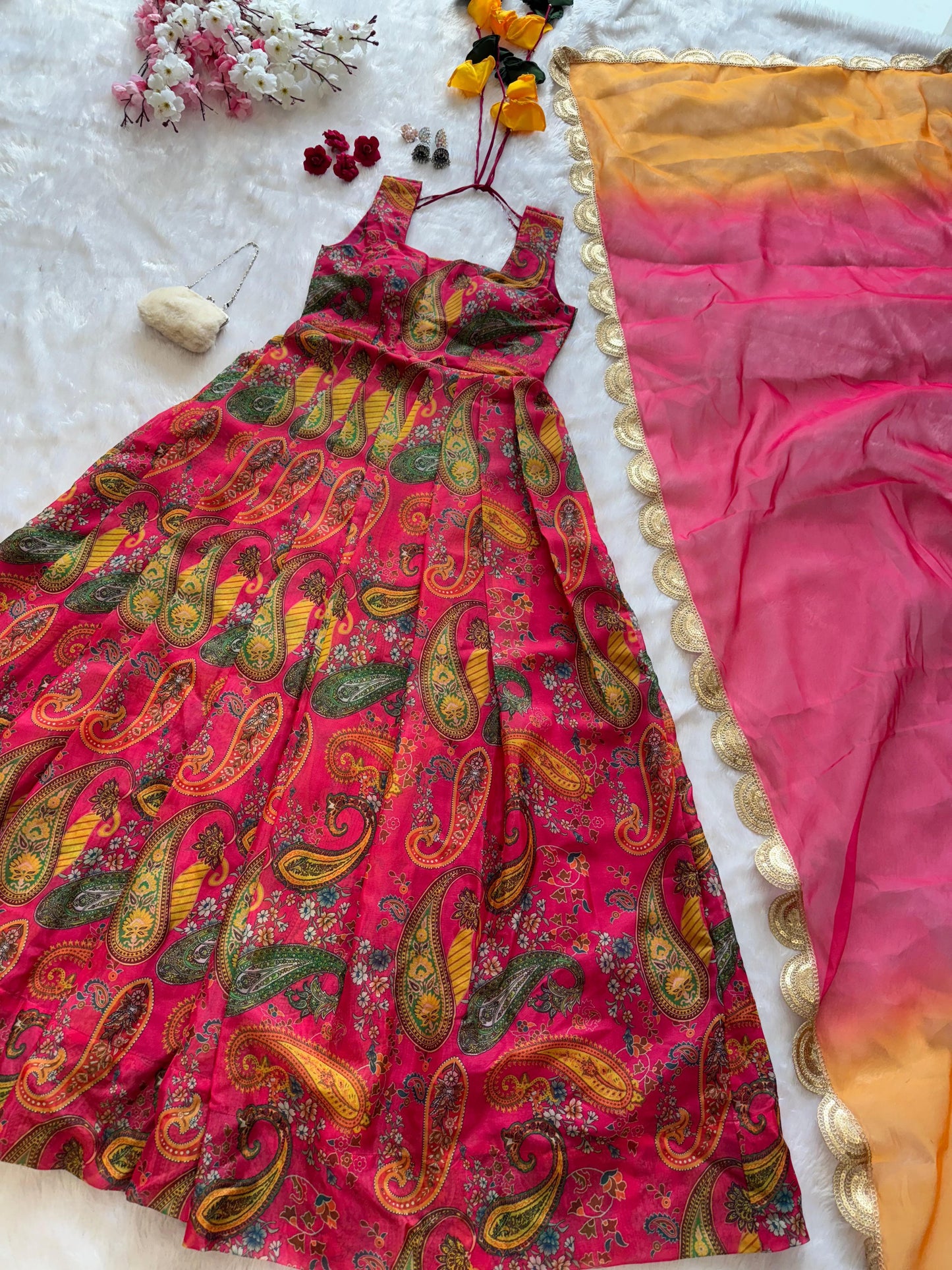 Digital printed Jimmy organza silk suit with huge flair