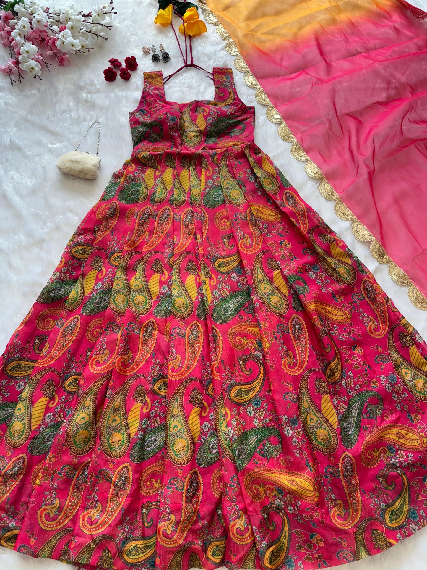 Digital printed Jimmy organza silk suit with huge flair