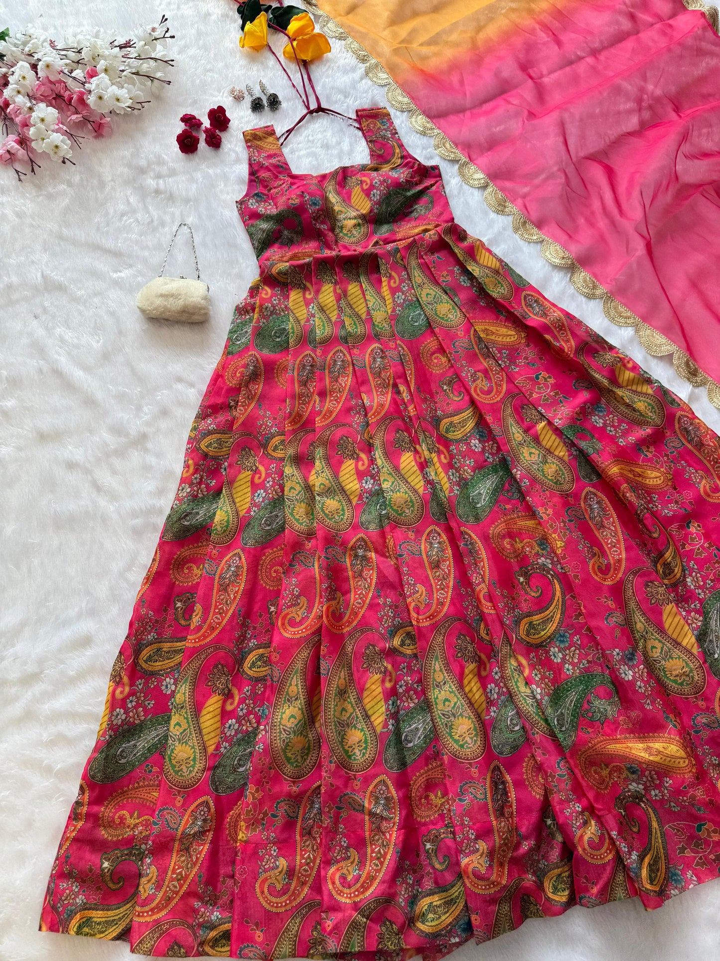 Digital printed Jimmy organza silk suit with huge flair