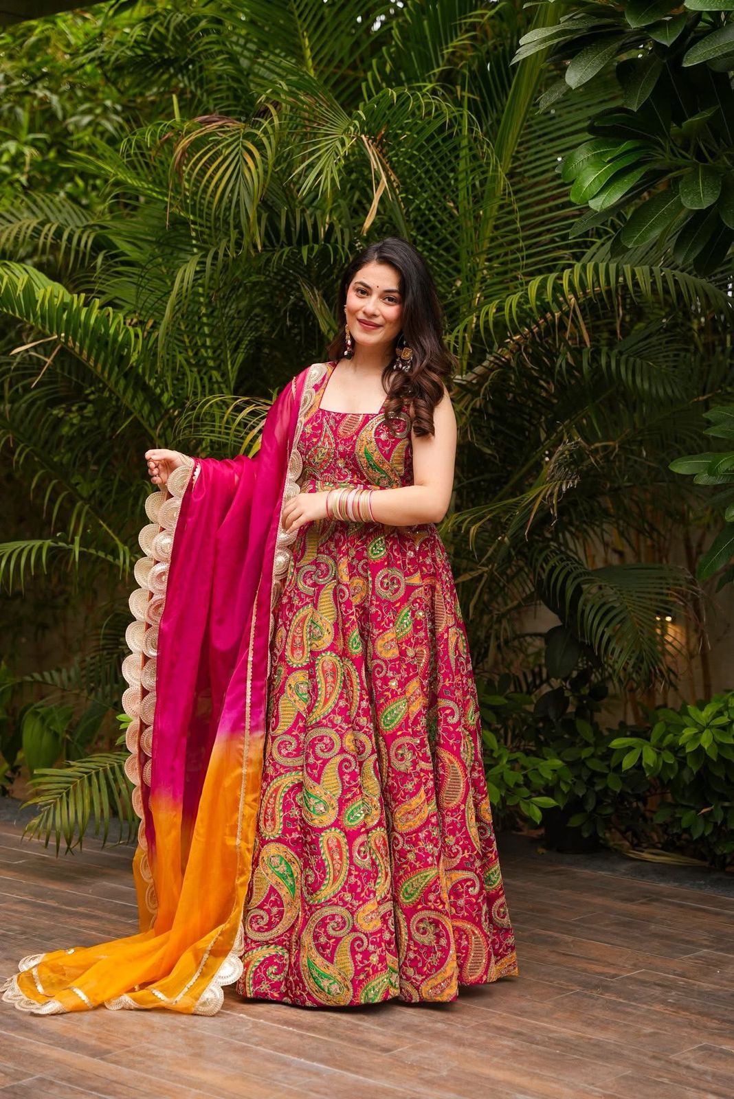 Digital printed Jimmy organza silk suit with huge flair